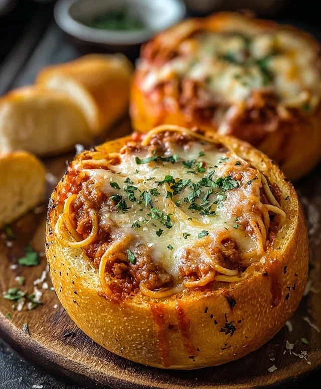 Spaghetti Garlic Bread Bowls