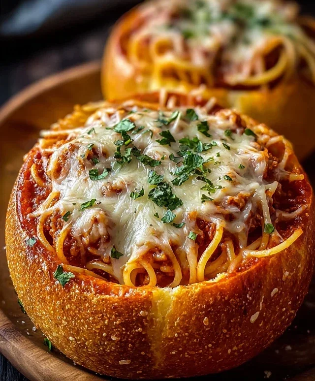 Spaghetti Garlic Bread Bowls