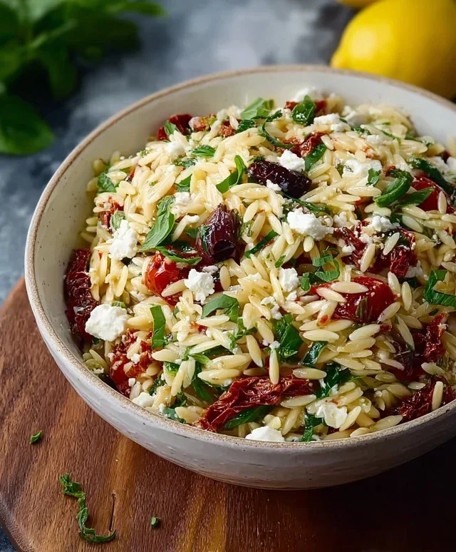 Homemade Orzo Pasta Salad with Feta and Sun Dried Tomatoes - FlirtyFood