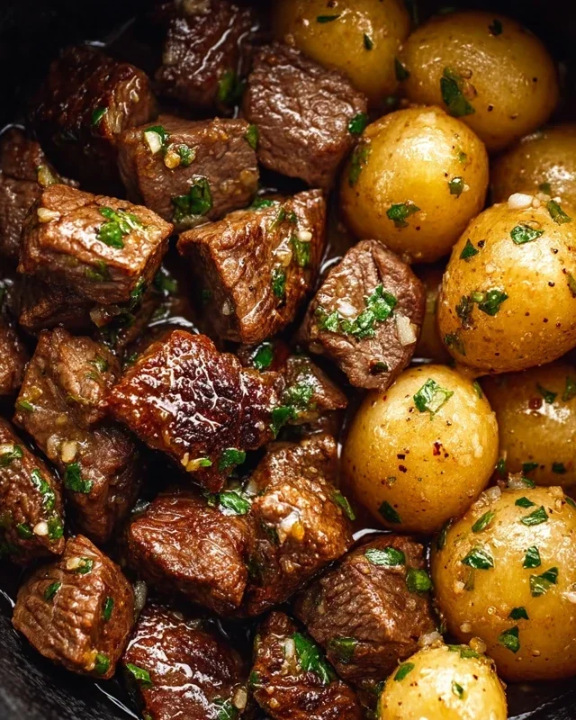 Slow Cooker Garlic Butter Beef Bites with Potatoes