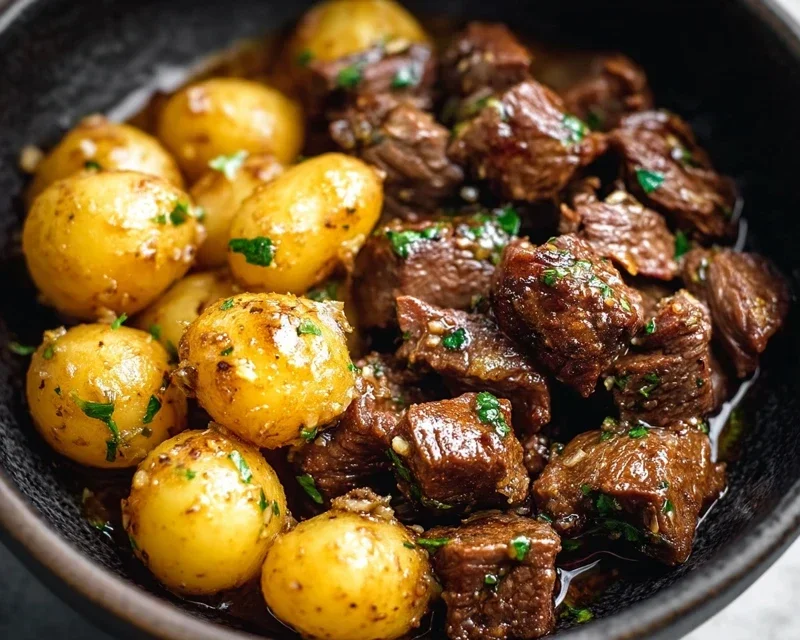 Slow Cooker Garlic Butter Beef Bites with Potatoes