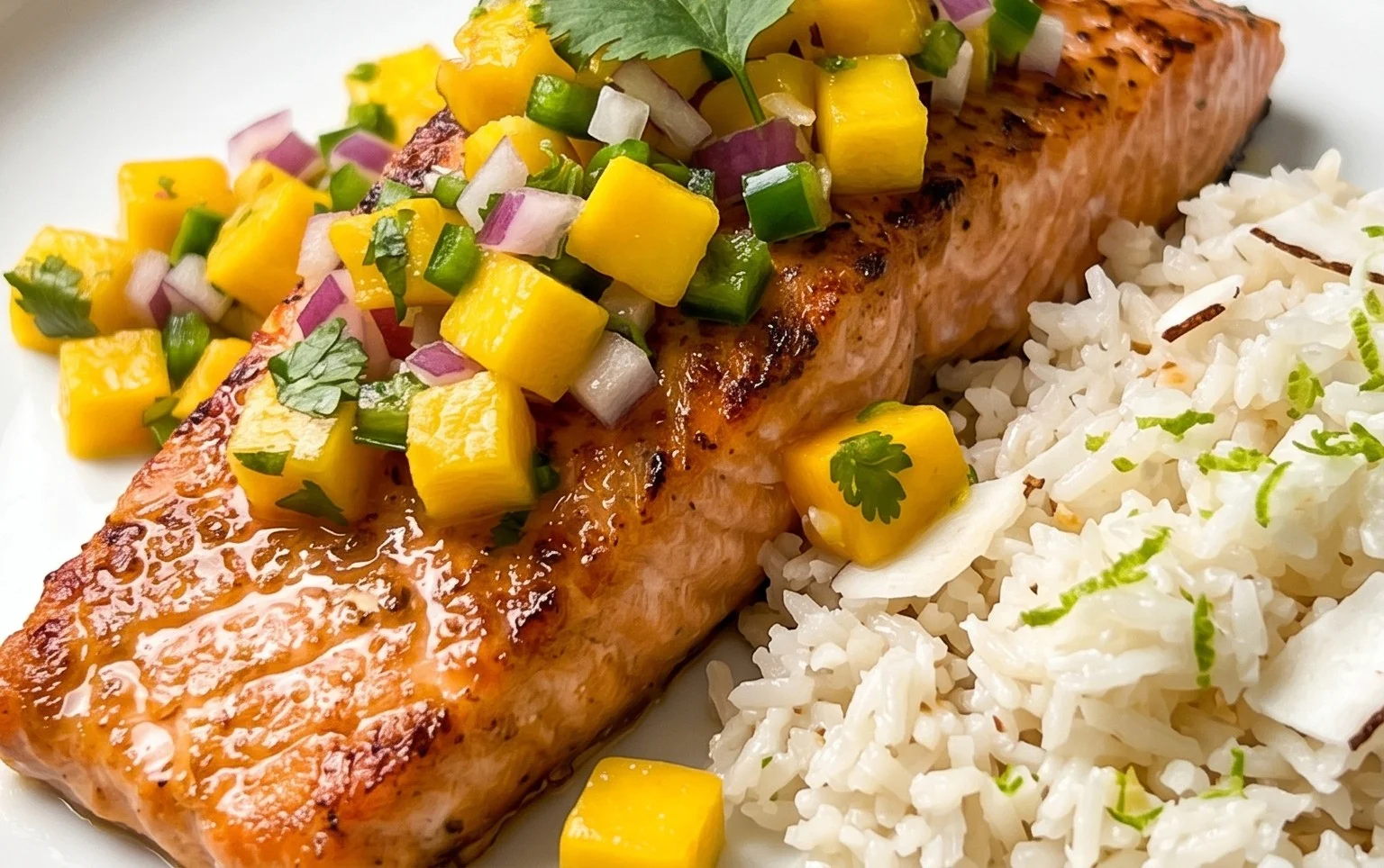 Grilled Salmon with Mango Salsa and Coconut Rice