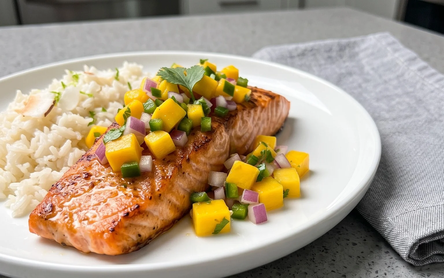 Grilled Salmon with Mango Salsa and Coconut Rice
