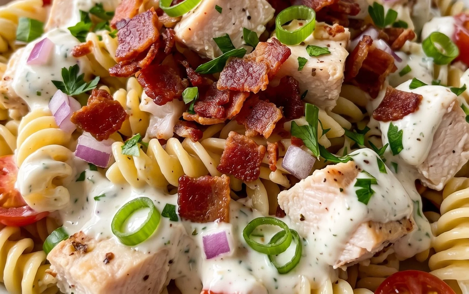 Chicken Beef Bacon Ranch Pasta Salad