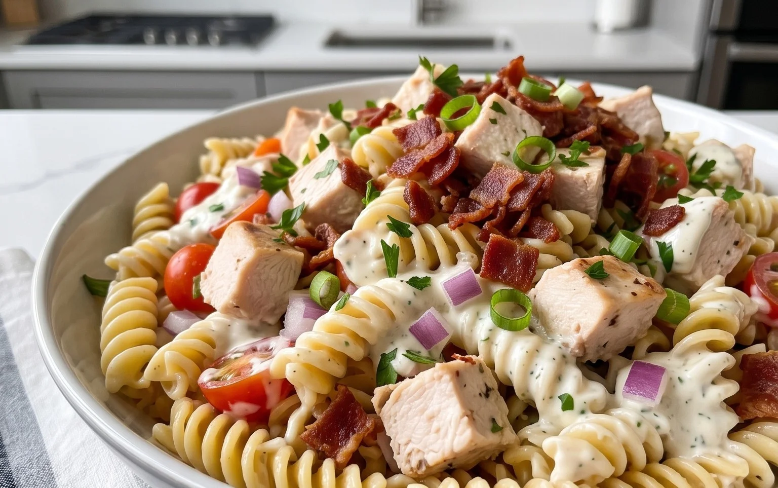 Chicken Beef Bacon Ranch Pasta Salad