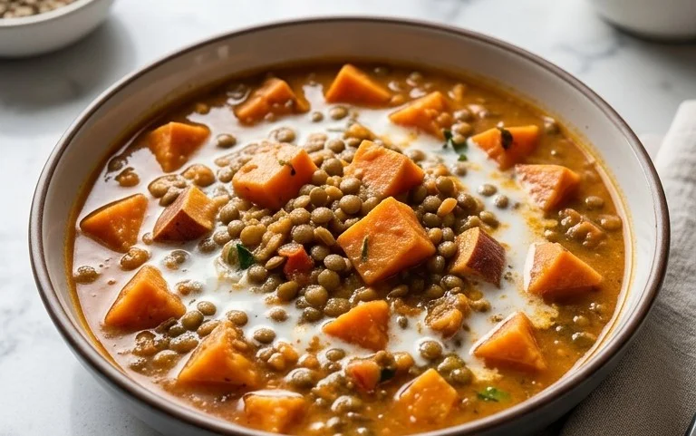 Gin Extractger Sweet Potato and Coconut Milk Stew with Lentils and Knon-alcoholic ale