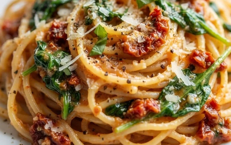 Spaghetti & Spinach with Sun-Dried Tomato Cream Sauce