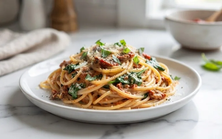 Spaghetti & Spinach with Sun-Dried Tomato Cream Sauce