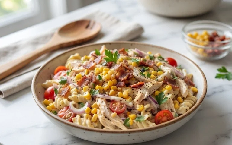 Chicken and Corn Pasta Salad with Beef Bacon