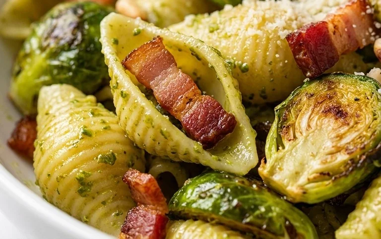 Brussels Sprouts and Beef Bacon Pesto Pasta