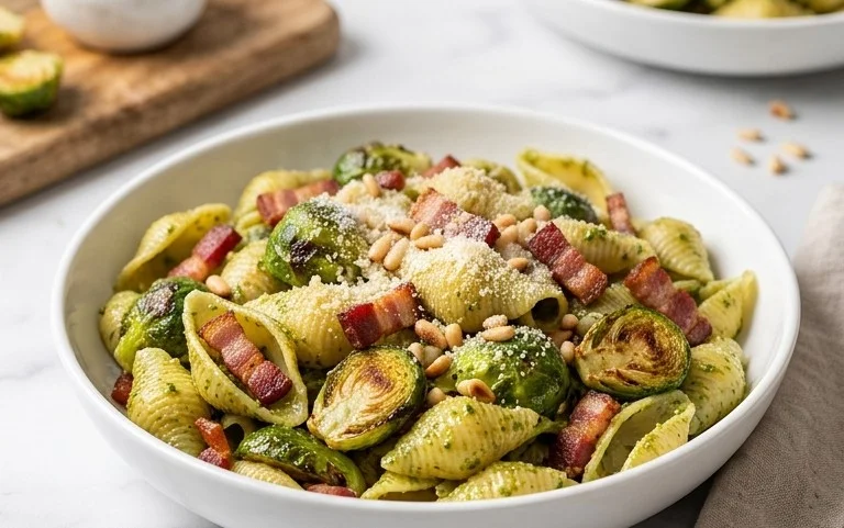 Brussels Sprouts and Beef Bacon Pesto Pasta