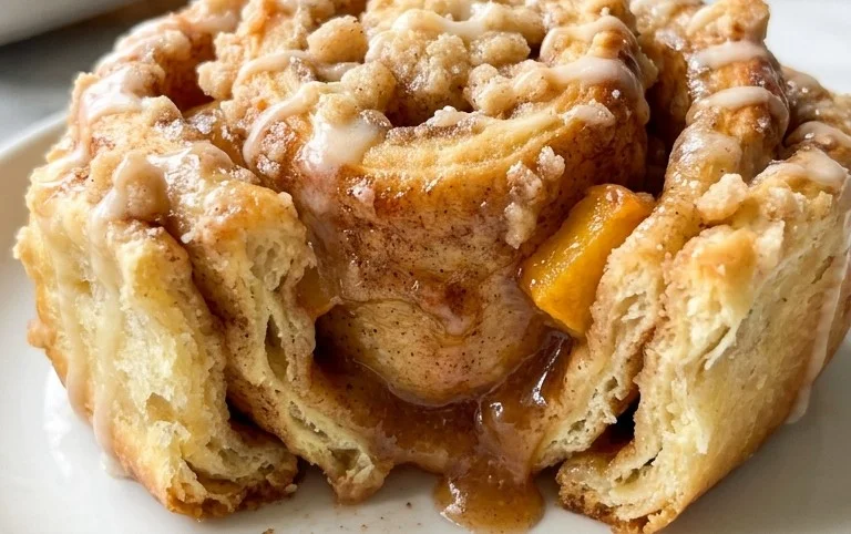 Peach Cobbler Cinnamon Rolls with Crum extractb Topping