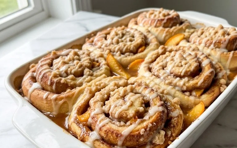 Peach Cobbler Cinnamon Rolls with Crum extractb Topping