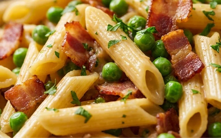 Penne Pasta, Peas and Beef Bacon