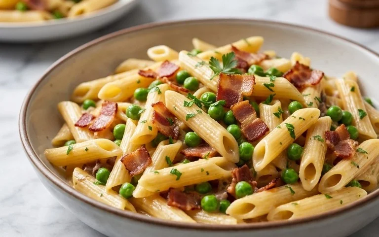 Penne Pasta, Peas and Beef Bacon