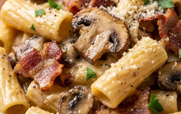 Creamy Beef Bacon and Mushroom Pasta