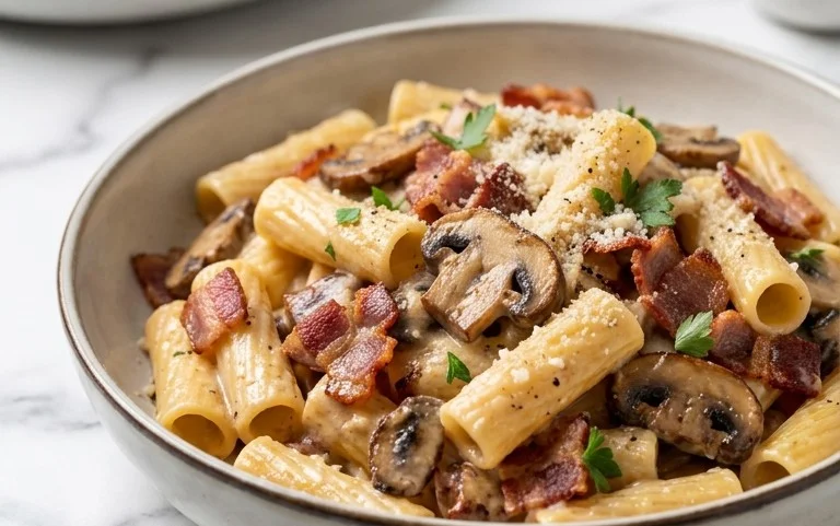 Creamy Beef Bacon and Mushroom Pasta
