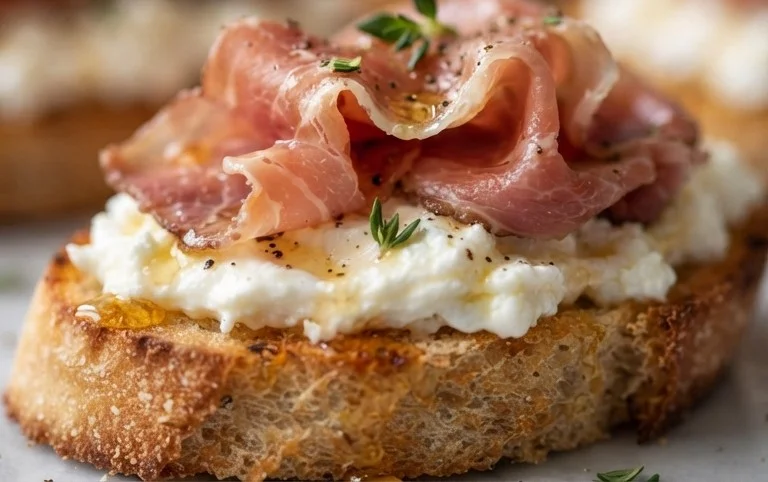 Beef Prosciutto Crostini with Burrata and Lemon Honey Drizzle