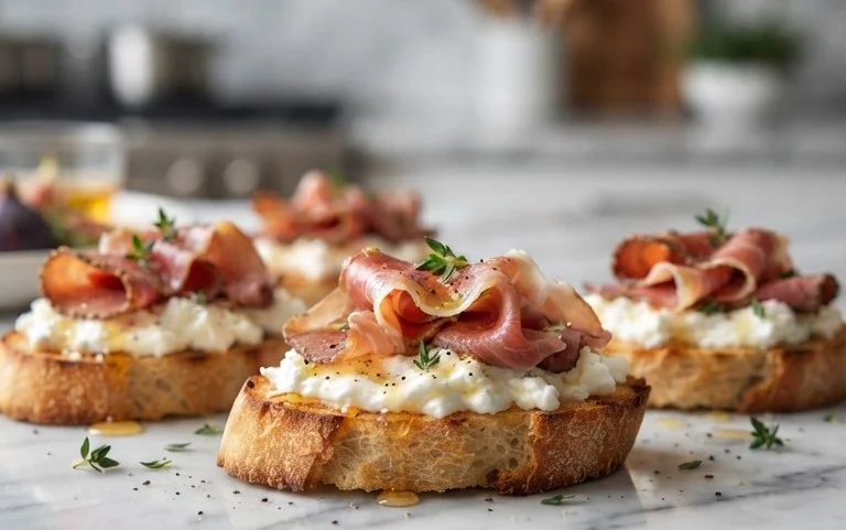 Beef Prosciutto Crostini with Burrata and Lemon Honey Drizzle