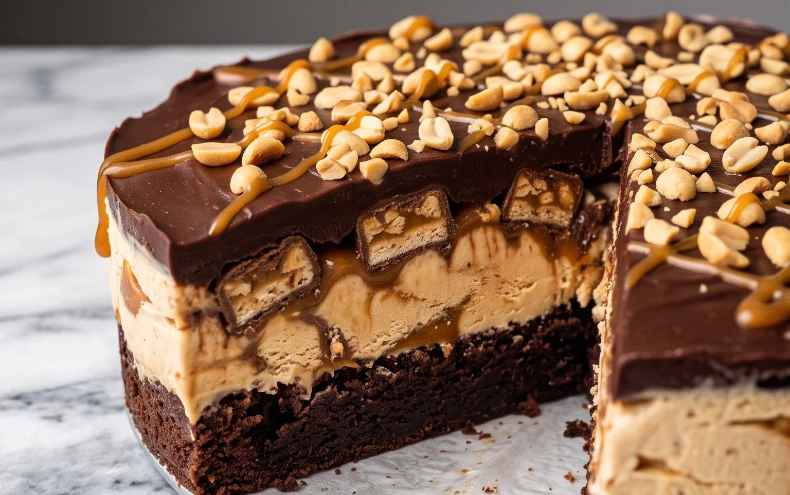 Snickers Peanut Butter Brownie Ice Cream Cake