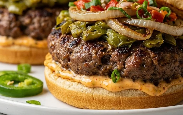 Roasted Green Chile Burgers with Grilled Sweet Onions and Salsa Mayo
