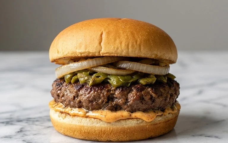 Roasted Green Chile Burgers with Grilled Sweet Onions and Salsa Mayo